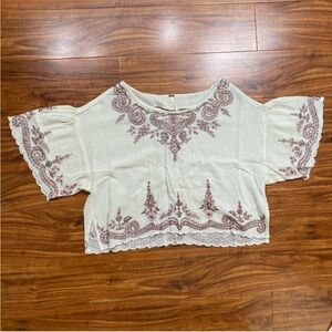 Free People Cream Wine Embroidered Floral Boxy Crop Scallop Oversize Top Size XS